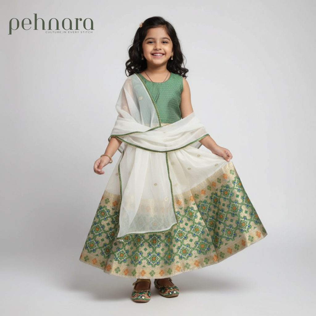 Girls Festive Green & White Ghaghra Choli Set with Dupatta
