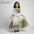 Girls Festive Green & White Lehenga Choli Set with Dupatta