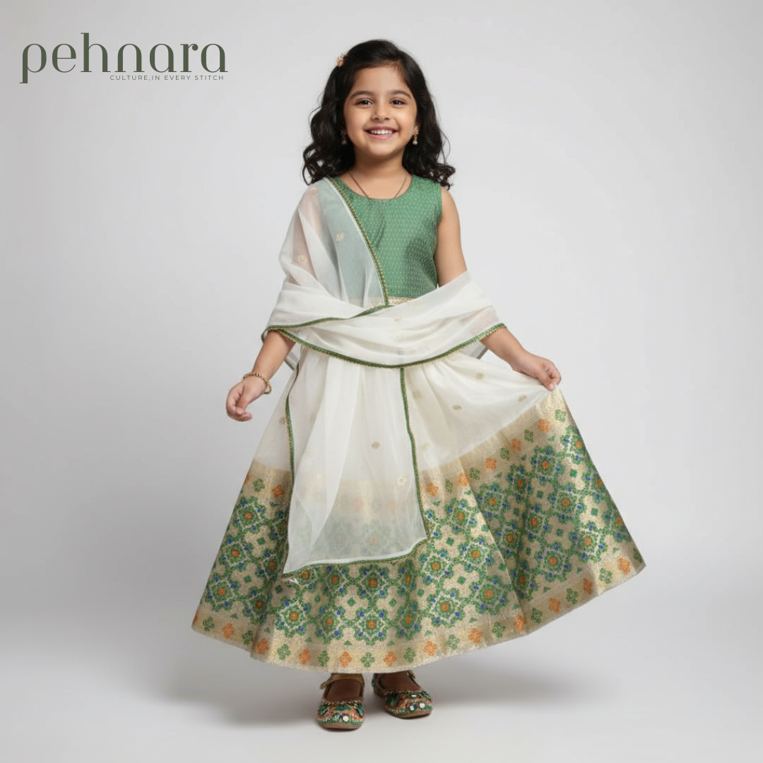 Girls Festive Green & White Ghaghra Choli Set with Dupatta