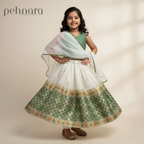 Girls Festive Green & White Lehenga Choli Set with Dupatta