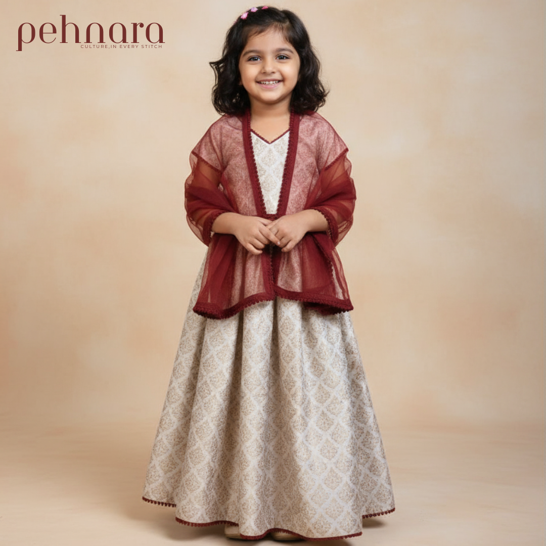 Elegant Ivory & Maroon Kids Ghaghra Choli with Dupatta – Traditional Indian Ethnic Wear for Girls (Adjustable Fit)