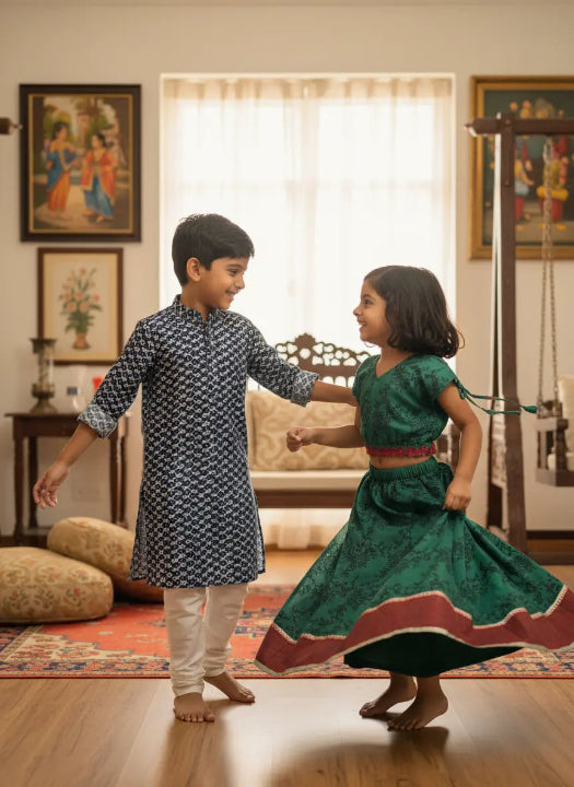 Two children in traditional attire dancing in a room with wooden flooring and decorative elements.