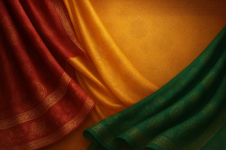 Close-up of red, yellow, and green fabric with intricate patterns on a yellow background