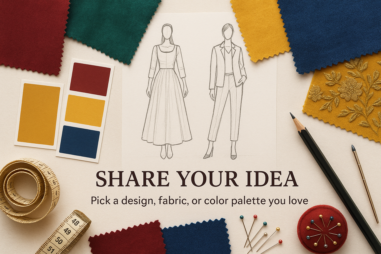 make a image Share Your Idea: Pick a design, fabric, or color palette you love.