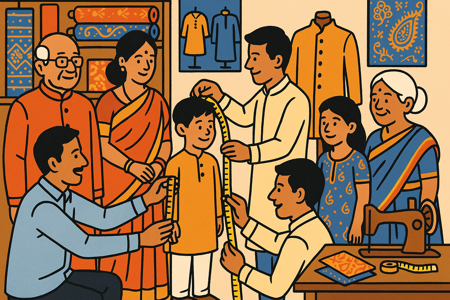 make a visual clip art  image of indian people "Made-to-Measure: We stitch every outfit to the right size and comfort for each family member."