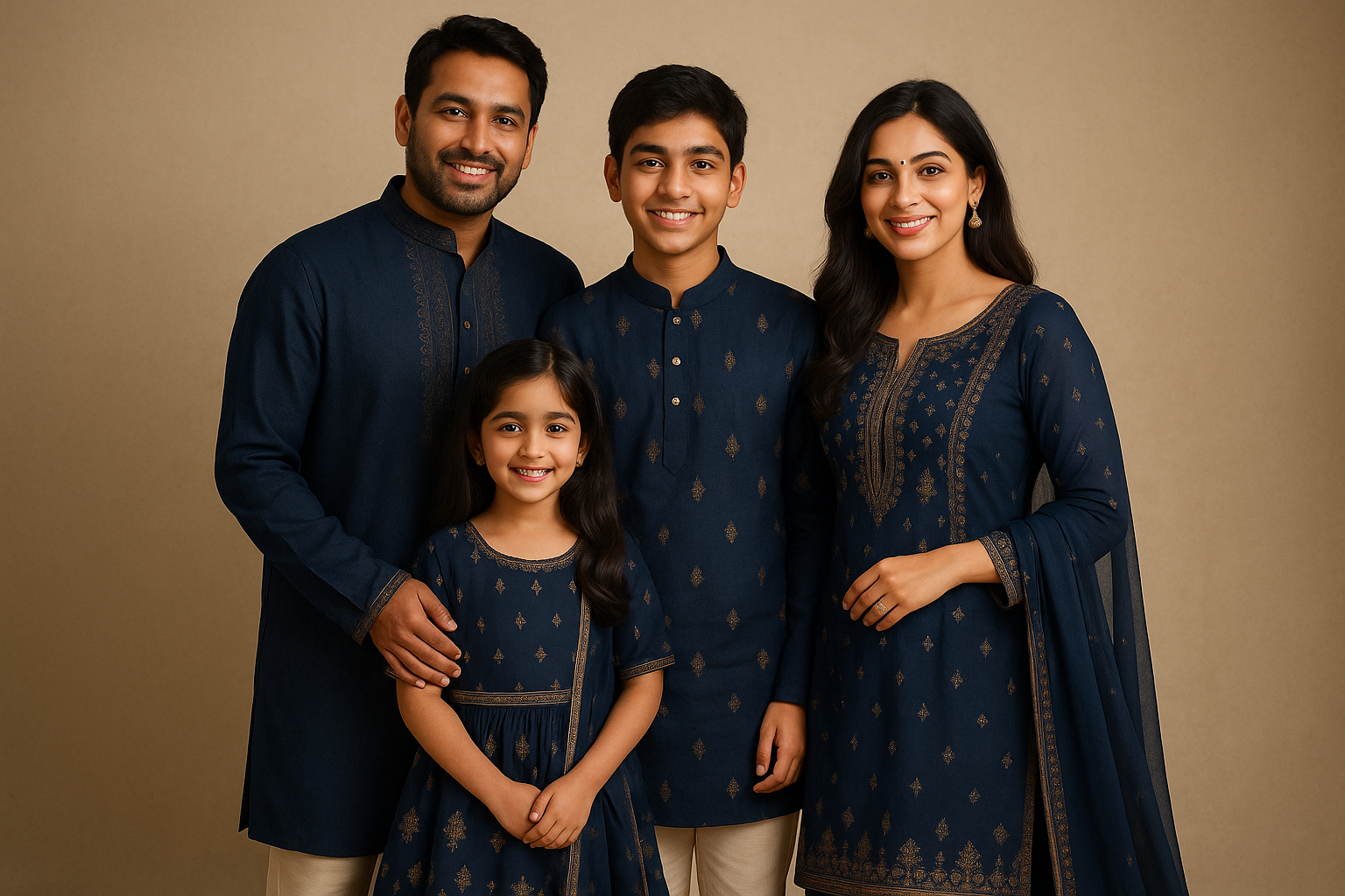 Matching ethnic wear for father, mother, brother, and daughter — each piece designed for comfort and perfect fit.